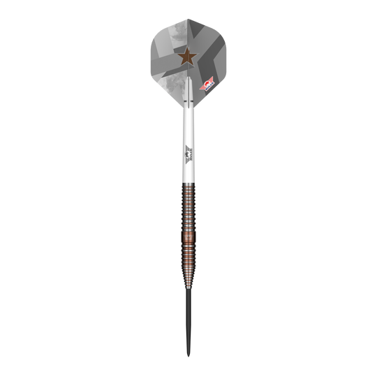 Abgebildet ist der Bulls NL Max Hopp E5 Steeldarts. Der Dartpfeil hat ein modernes Design und eignet sich für Steeldart-Spieler.