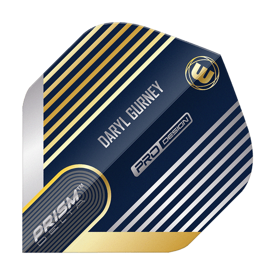 Winmau Prism Delta Daryl Gurney No2 Standard Flights Das Bild zeigt ein Winmau Prism Delta Daryl Gurney No2 Standard Dart Flight. Das Design ist überwiegend dunkelblau mit silbernen und goldenen Streifen und enthält den Namen "Daryl Gurney".