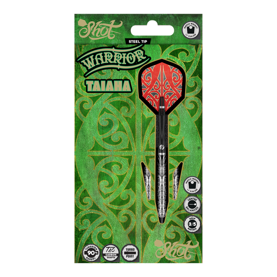 Shot Warrior Taiaha Turbo Point Steeldarts sind Dartpfeile mit kunstvollem Griffbereich. Sie liegen ordentlich nebeneinander.