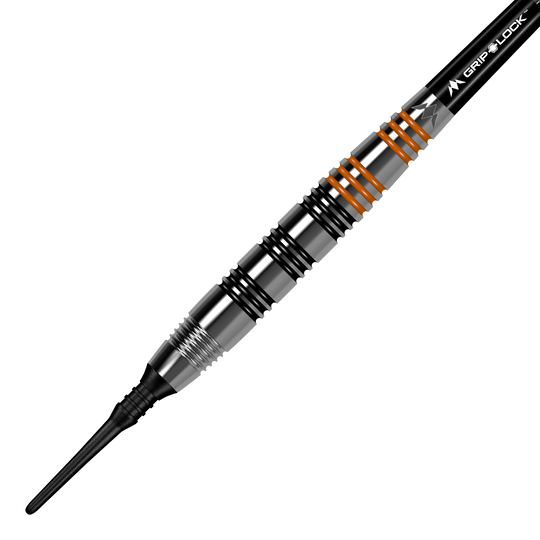 Mission Javan Brass Soft Darts - 18g Das Bild zeigt den "Mission Javan Brass Softdart" mit einem Gewicht von 18g. Der Dartpfeil ist silbern mit schwarzen und orangefarbenen Ringen am Griff.