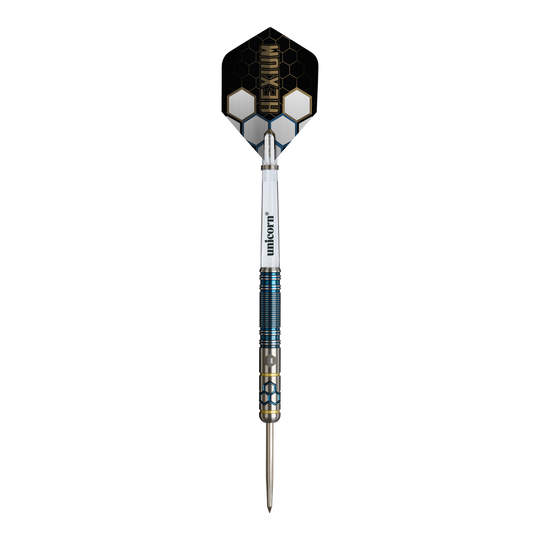Unicorn Hexium Style 02 Blue & Gold Steeldarts Abgebildet sind die Unicorn Hexium Style 02 Blue & Gold Steeldarts. Die Farbkombination aus Blau und Gold ist auffällig.