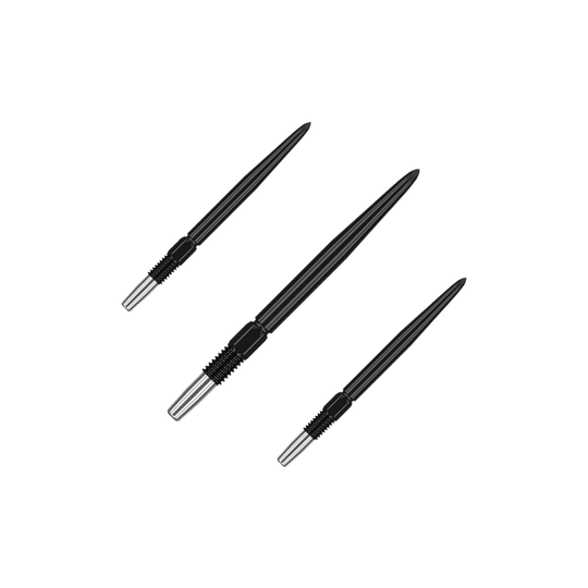 Target Swiss Point Black dart tips Das Bild zeigt drei schwarze Dartspitzen mit silbernem Gewinde. Sie sind in unterschiedlicher Ausrichtung auf einem einfarbigen Hintergrund angeordnet.