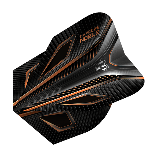 HR5_Harrows_Noble_Rich_Gold_Standard_Flights_2 Das Bild zeigt das Produkt "Harrows Noble Rich Gold Standard Flights". Das Flight ist schwarz mit goldenen und orangen Akzenten sowie einem modernen, geometrischen Design.