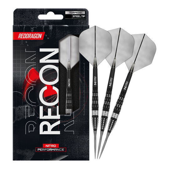 Red Dragon Recon Torpedo Steel Darts Auf dem Bild ist ein vollständiger Satz Red Dragon Recon Torpedo Steeldarts dargestellt. Diese Steeldarts sind speziell für präzises Spielen entwickelt.