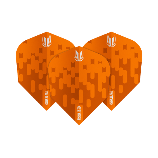 TG61_333810_Target_Vision_Ultra_Orange_Ten-X_Flights_1FJknTlmfgcNnL Das Bild zeigt drei orangefarbene Dartflights mit dem Namen "Target Vision Ultra Orange Ten-X Flights". Sie haben ein abstraktes Muster und ein weißes Logo oben.
