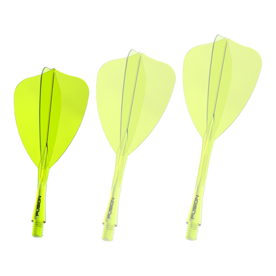 Winmau Fusion Flight Shaft System Arrow Neon Yellow Das Bild zeigt ein Dartshaft- und Flight-System in Neongelb mit einer Länge von 22 mm. Es handelt sich um das 'Fusion Flight Shaft System Arrow' von Winmau.