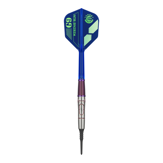 Target Japan Haruki Muramatsu Rising Sun GEN9 2BA Soft Darts - 21.5g Das Bild zeigt einen modernen Softdart mit blauem Flight und silber-lila Schaft. Auf dem Flight steht "G9 RISING SUN" und das Design wirkt sportlich und hochwertig.