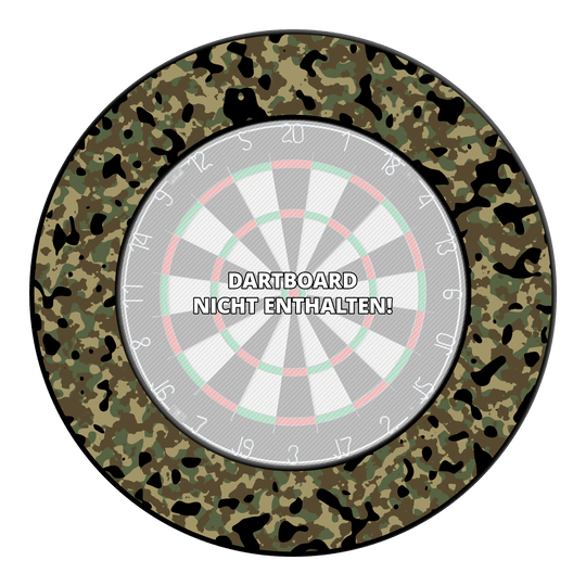 Gezeigt wird das Produkt 'DBS-CAMO1_McDart_Camo_Dartboard_Surround_Woodland_1'. Es dürfte sich um eine Dartboard-Umrandung im Camouflage-Design handeln.