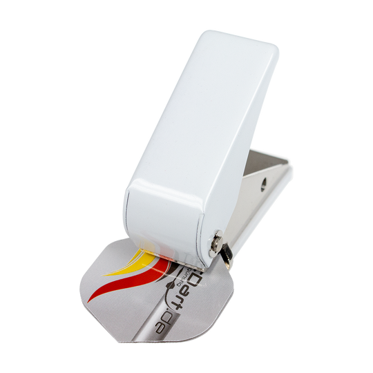 630-Flight-Locher-630-3 Das Bild zeigt den Flight Locher 630, einen kleinen Handlocher. Er hat ein kompaktes weißes Gehäuse und wird zum Stanzen von Karten oder Papier verwendet.