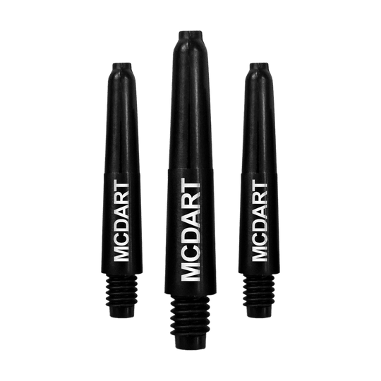 Das Bild zeigt drei schwarze Nylon-Dartschäfte mit der Aufschrift "MCDART". Sie sind in einer aufrechten Position nebeneinander angeordnet.