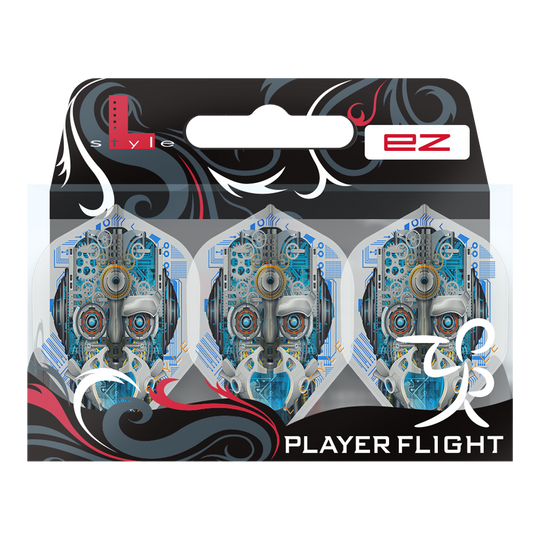 L-Style Berry Van Peer V3 Clear White L1EZ Flights Das Bild zeigt eine Verpackung mit drei weißen Dart-Flights namens "L-Style Berry Van Peer V3 Clear White L1EZ". Die Flights haben ein futuristisches Design mit einem Roboter-Gesicht auf jedem Flight.