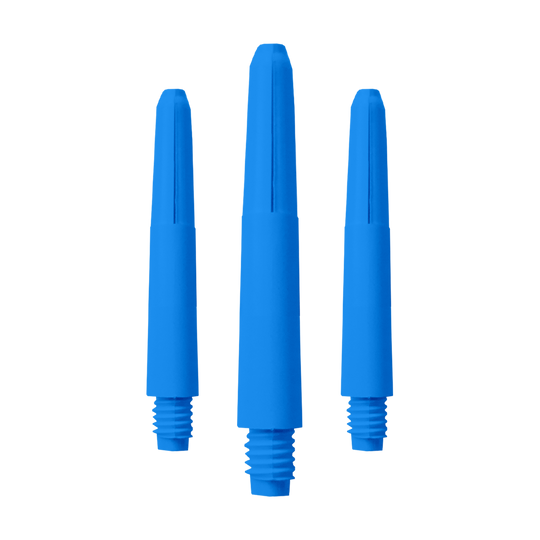 Das Bild zeigt drei blaue Nylon Shafts. Sie sind in einer Reihe angeordnet und haben Gewinde an einem Ende.