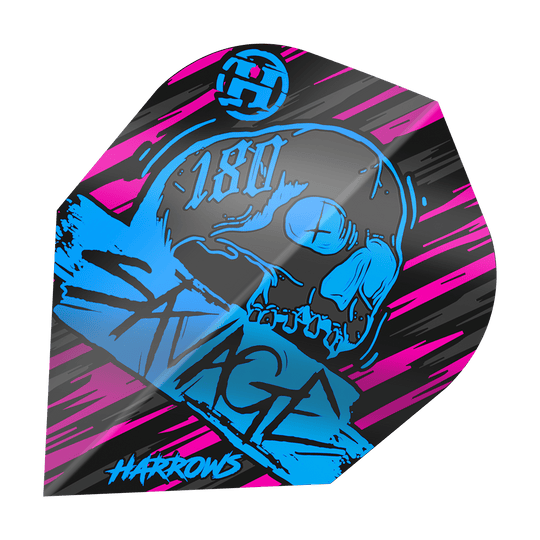 Harrow's Savage Aqua Pink No6 Flights Das Bild zeigt das Produkt "Harrows Savage Aqua Pink No6 Flights" mit einem auffälligen Design in Blau, Pink und Schwarz. In der Mitte ist ein Totenkopf und der Schriftzug "Savage" zu sehen.