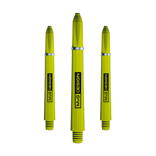 Das Bild zeigt drei gelbe Winmau Nylon Ring Grip MvG Design Shafts. Auf jedem Schaft steht der Schriftzug "MvG DESIGN" vertikal.