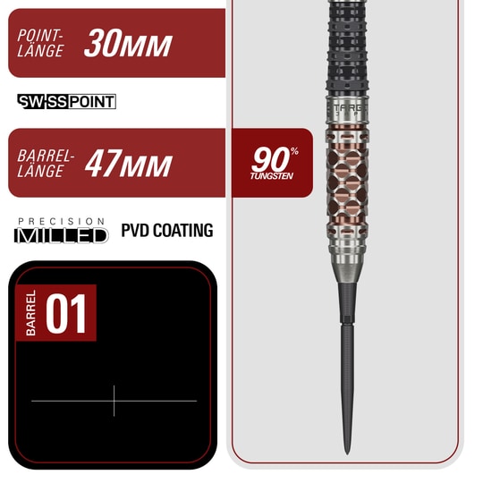 Hier sieht man die Target Japan Charis GEN6 Swiss Point Steeldarts mit 23g Gewicht. Das Produkt besticht durch sein modernes und funktionales Design.