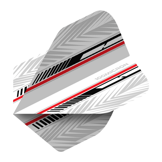 Pentathlon Flights white/black/red Das Bild zeigt ein Dart-Flight mit dem Namen "Pentathlon White Black Red No2 Standard Flights". Es ist überwiegend weiß und grau mit schwarzen und roten Akzenten und geometrischem Muster gestaltet.