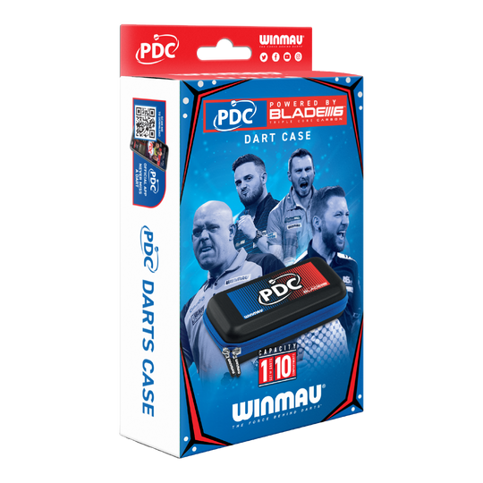 Winmau PDC Dartcase Die Abbildung zeigt die Verpackung des Winmau PDC Dartcase. Auf der Box sind Bilder von Dartspielern sowie das Etui und die Markenlogos zu sehen.