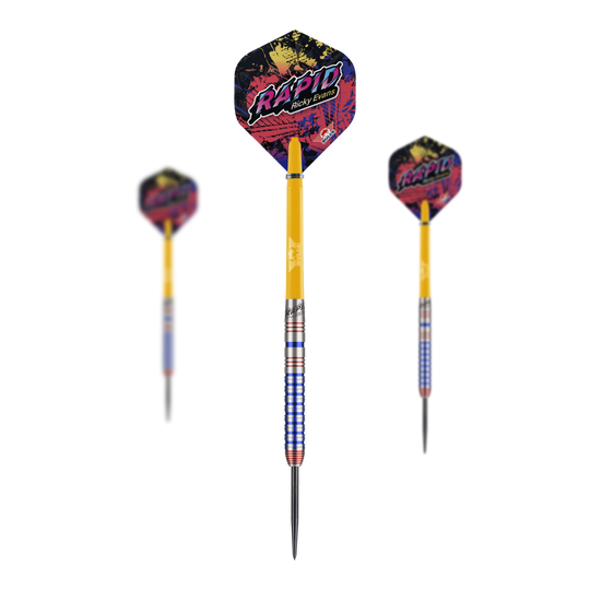 Das Bild zeigt drei Steeldarts des Modells "Bulls NL Ricky Evans Rapid Edition One". Die Darts haben bunte Flights mit dem Schriftzug "Rapid" und einen auffälligen gelb-blauen Schaft.
