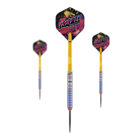 Bulls NL Ricky Evans Rapid Edition One Steel Darts Das Bild zeigt drei Steeldarts des Modells "Bulls NL Ricky Evans Rapid Edition One". Die Darts haben bunte Flights mit dem Schriftzug "Rapid" und einen auffälligen gelb-blauen Schaft.