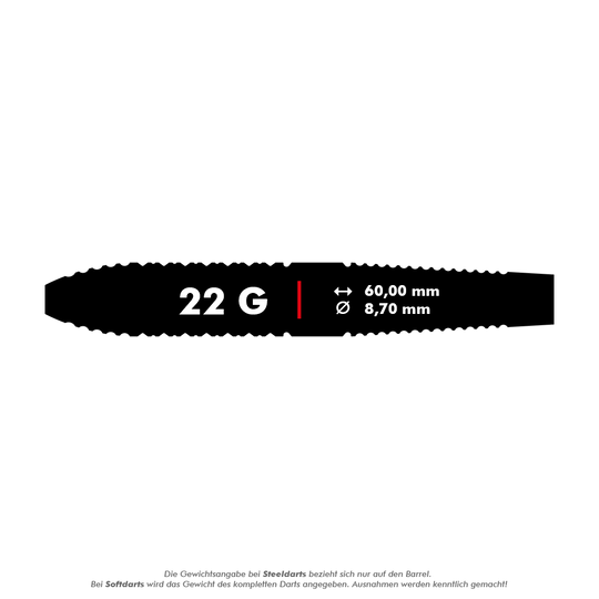 Target Luke Littler Brass Steel Darts - 22g Das Bild zeigt die Produkteigenschaften der "Target Luke Littler Brass Steeldarts - 22g". Die Darts wiegen 22 Gramm, sind 60,00 mm lang und haben einen Durchmesser von 8,70 mm.