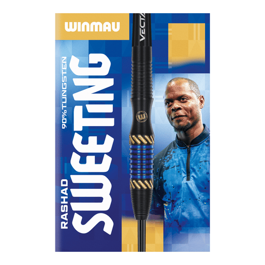 Winmau Rashad Sweeting Steeldarts - 24g Das Bild zeigt die Verpackung der "Winmau Rashad Sweeting Steeldarts - 24g". In der Mitte ist ein Dartpfeil abgebildet, daneben ist eine Person in einem blauen Outfit zu sehen.