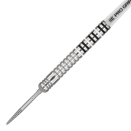 Target Chris Dobey GEN1 Swiss Point steel darts Das Bild zeigt einen silbernen Steeldartpfeil mit einem detailreich gearbeiteten Griff. Auf dem Schaft steht "PRO GRIP" und der Pfeil hat mehrere schwarze Ringe als Markierungen.