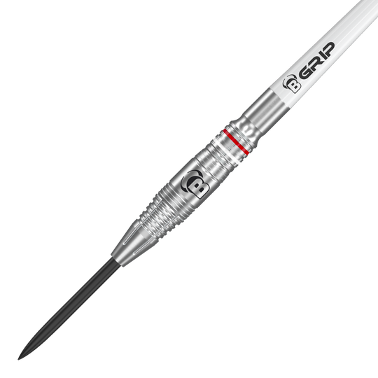 Bulls Niko Springer steel darts Das Bild zeigt einen Bulls Niko Springer Steeldart. Der Dart ist silberfarben mit einem gezackten Griff und einem schwarzen Spitzenteil.