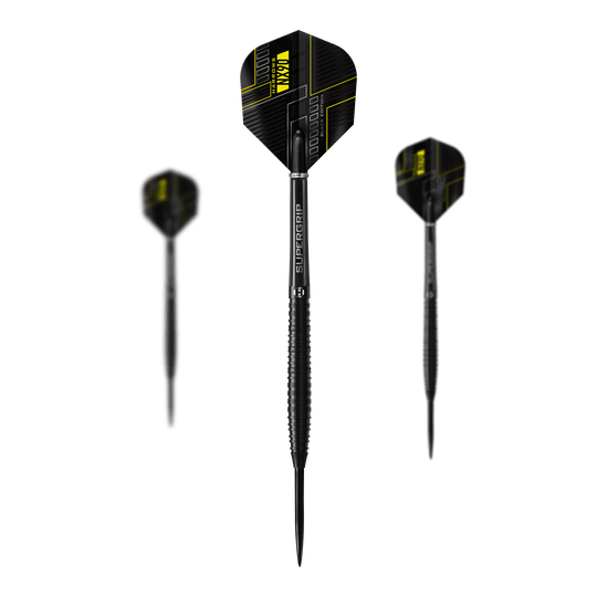 Harrows NX90 Black Edition steel darts Das Bild zeigt drei schwarze Steeldarts der Marke Harrows NX90 Black-Edition. Die Darts haben gelbe Akzente und sind mit "SUPERGRIP" beschriftet.