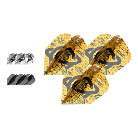 Target Ink Bundle 3 Sets Gabriel Clemens Ten-X Flights Das Bild zeigt drei Sets von Gabriel Clemens Ten-X Flights aus der Target Ink Bundle Kollektion. Die Flights sind in Gelb, Schwarz und Weiß gestaltet und liegen nebeneinander.