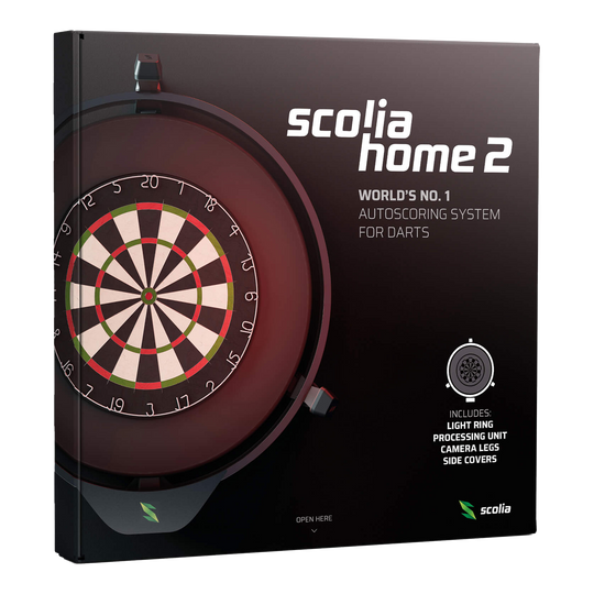 Scolia Home 2 Electronic Autoscoring System with Lighting Ring 2026 Auf dem Bild ist die Verpackung des Produkts "Scolia Home 2 Electronic Score System mit Beleuchtungsring" zu sehen. Es handelt sich um ein automatisches Zählsystem für Dartspiele mit Licht, Kamerabeinen und Abdeckungen.