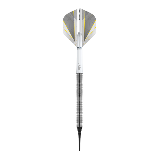 Das Bild zeigt einen Red Dragon Seren 1 Pure Softdart mit einem Gewicht von 20 Gramm. Der Dart ist silberfarben und hat eine weiße und gelbe Flight.