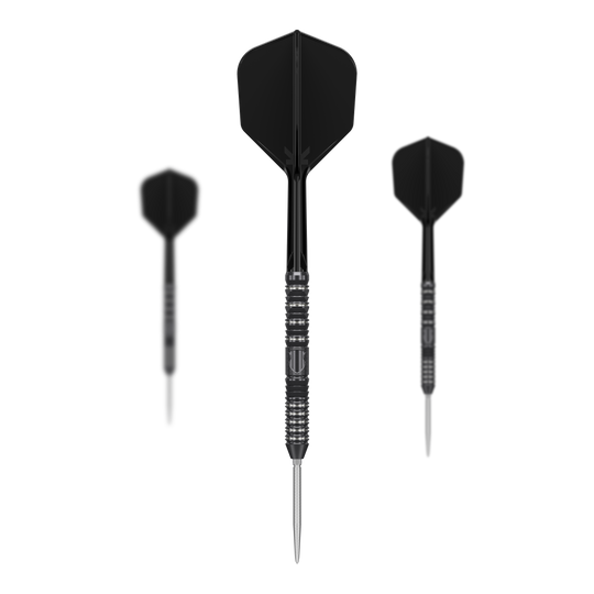 Target Japan Black Marque Draco GEN2 steel darts Das Bild zeigt drei schwarze Steeldarts des Modells „Target Japan Black Marque Draco GEN2“. Die Pfeile haben eine metallische Spitze und ein elegantes, gerilltes Design am Griff.