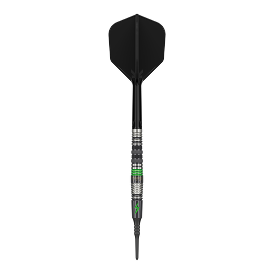 Target Japan Black Marque Lightning 3 Soft Darts - 19g Dieses Bild zeigt einen Softdart mit dem Namen "Target Japan Black Marque Lightning 3" mit einem Gewicht von 19g. Der Dart ist überwiegend schwarz mit silbernen und grünen Akzenten gestaltet.