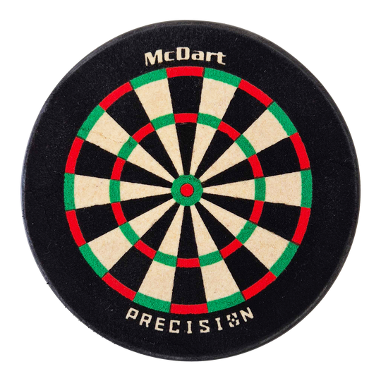 McDart Precision Mini Dartboard Dart Holder Das Bild zeigt eine kleine, runde Dartscheibe mit der Aufschrift „McDart“ und „PRECISION“. Die Scheibe hat die klassischen Farben Weiß, Schwarz, Rot und Grün.