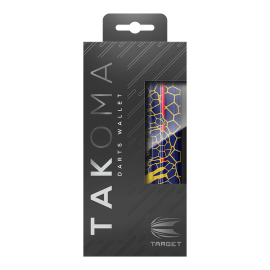 Target Takoma Josh Rock dart case Dies ist das Target Takoma Josh Rock Dartcase in einer eleganten schwarzen Verpackung. Durch das Sichtfenster sieht man das Design des Dartcases mit einem blauen und gelben Wabenmuster.