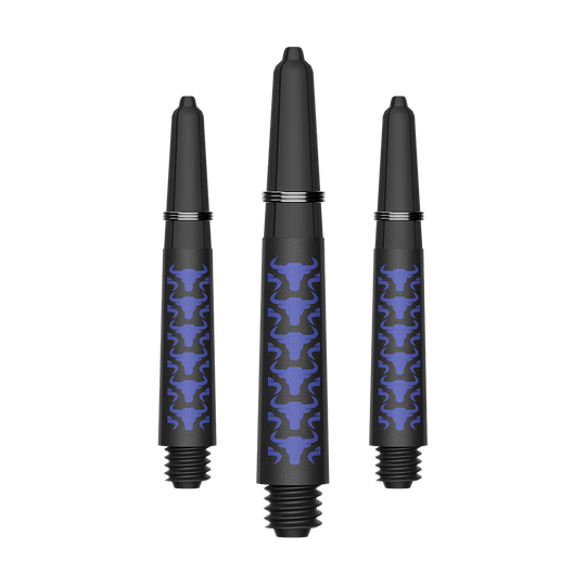 Zu sehen sind BullsNL Capo Carbon Shafts in Blau, Größe Short 34mm. Das Produkt ist ein Set aus Kohlefaser-Dartschäften.