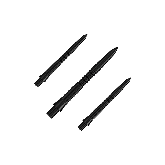 Mission Caliburn EVO Dart Tips GV1 - Black Ein Set von schwarzen Steeldartspitzen mit 26 mm Länge. Auf dem Bild sieht man mehrere Spitzen aus der Misson Caliburn EVO GV1 Reihe.