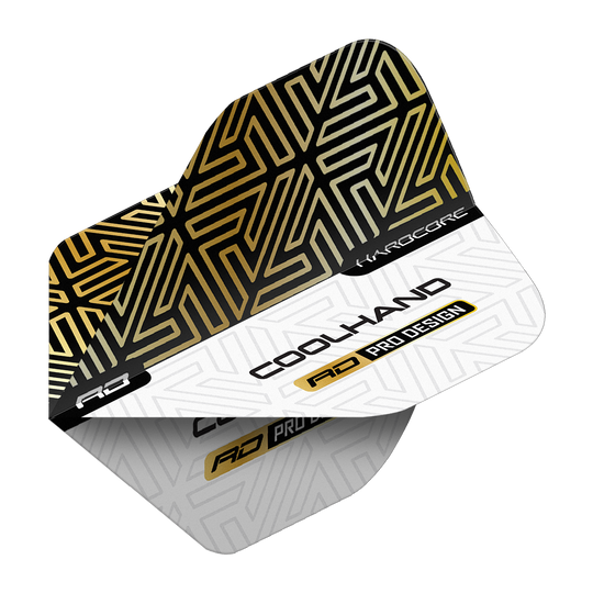 Red Dragon Hardcore Luke Humphries Gold White Premium Standard Flights Das Bild zeigt ein Dartflight mit einem gold-schwarzen und weißen geometrischen Muster. Auf dem Flight stehen die Wörter "COOLHAND", "RD PRO DESIGN" und "HARDCORE".