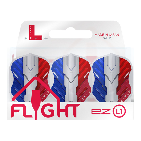 L-Style V-Series V1 Type B France Clear White L1EZ Flights Das Bild zeigt eine Packung L-Style V-Series V1 Type B France Clear White L1EZ Flights. Die Flights sind in den Farben Blau, Weiß und Rot gestaltet und werden in Japan hergestellt.
