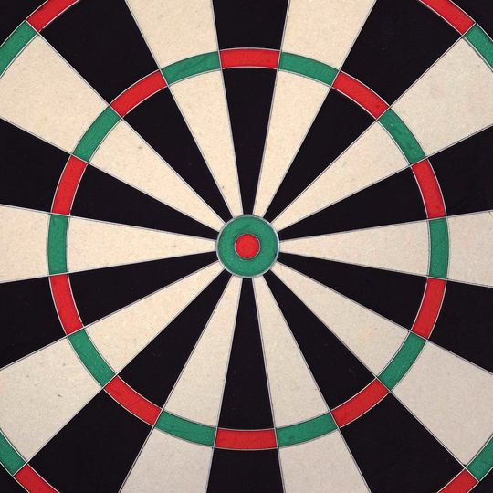 Target TOR Steel Dartboard Das Bild zeigt eine Nahaufnahme des Target TOR Steeldartboards. Deutlich zu erkennen sind die farbigen Felder in Schwarz, Weiß, Rot und Grün.