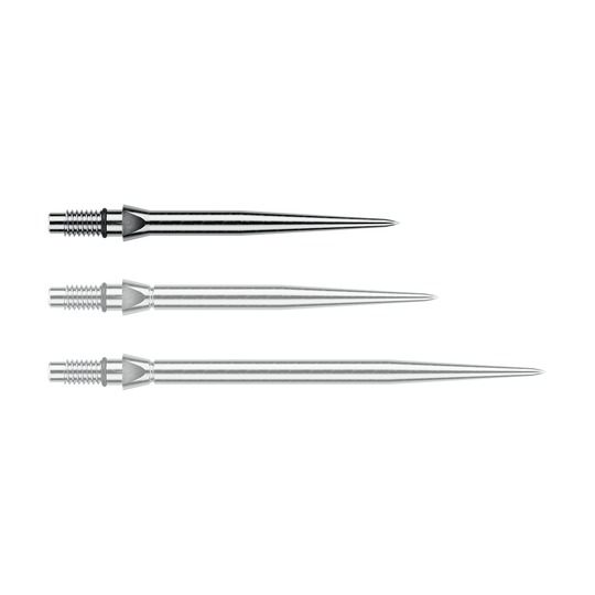 Winmau Switch Point Smooth steel dart tips - Silver Effect Das Bild zeigt eine silberne Steeldartspitze mit glattem Design. Die Länge beträgt vermutlich 26 mm.