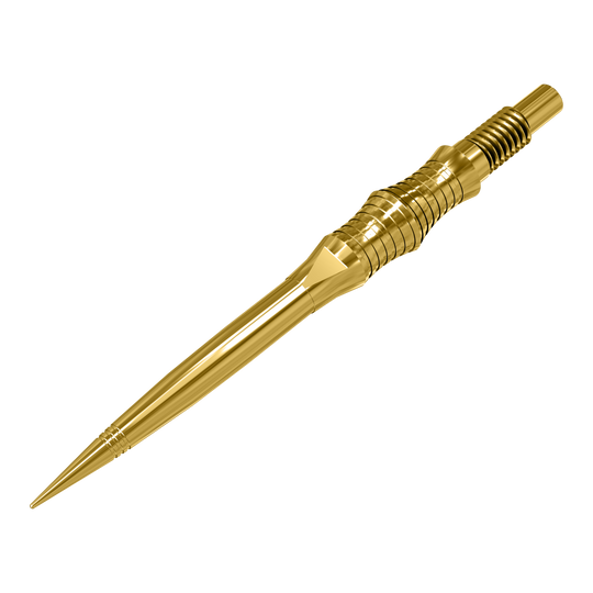 Harrows Quick Point Apex Spire Elite Series Dartspitzen - Gold Die Apex Spire Gold Elite Series Dartspitzen werden gezeigt. Sie sind metallisch und goldfarben.
