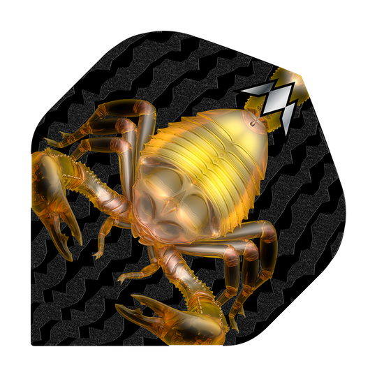 Mission Solo Scorpion No2 Standard Flights Das Bild zeigt das Produkt "Mission Solo Scorpion No2 Standard Flights" mit einer goldenen Skorpion-Grafik. Der Hintergrund ist schwarz mit einem wellenförmigen Muster.