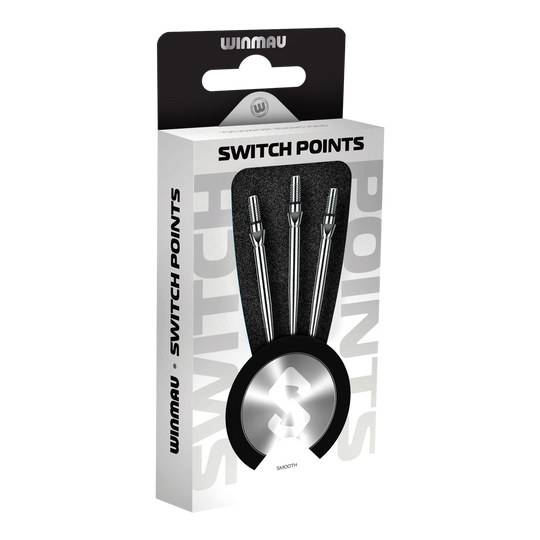 Abgebildet sind Winmau Switch Point Smooth Steeldartspitzen in Silver Effect. Diese glatten Dartspitzen sind silbern und für Steeldarts geeignet.