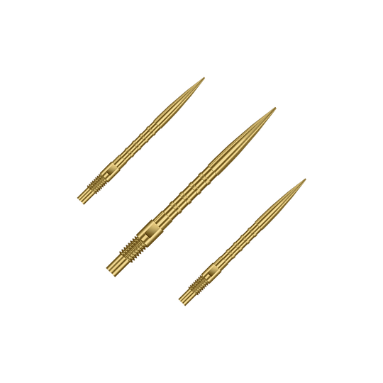 Abgebildet sind goldene Dartspitzen mit 26mm Länge, dargestellt als ein Set. Es handelt sich um Harrows Quick Point Heavy Metal Grip Dartspitzen Gold 26mm im Set.