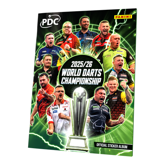 Panini PDC World Darts Championship 2025/26 - Official Sticker Softcover Collector's Album Gezeigt wird das Panini PDC World Darts Championship 2025/26 Sammelalbum im Softcover-Format. Das Album eignet sich zum Einheften der offiziellen Sticker der Kollektion.