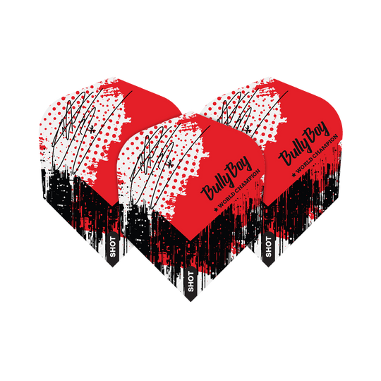 Shot Michael Smith Bully Boy Game Day No6 Flights Das Bild zeigt drei Dart-Flights mit einem roten, weißen und schwarzen Farbmuster. Auf den Flights steht „Bully Boy ★ WORLD CHAMPION“ und „SHOT“.