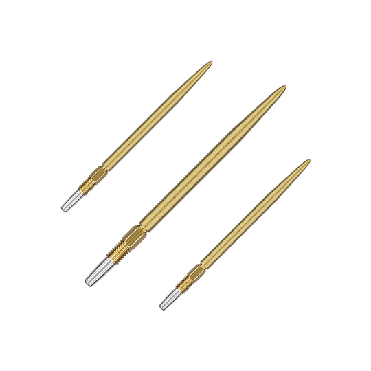 Das Bild zeigt drei goldene Dartspitzen mit silbernem Gewinde am Ende. Sie sind in einer diagonalen Anordnung auf grünem Hintergrund dargestellt.