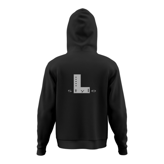 L-Style Hoodie - Black Der Hoodie ist schwarz und hat auf dem Rücken ein großes "L style"-Logo in Grau. Das Design ist schlicht und modern gehalten.