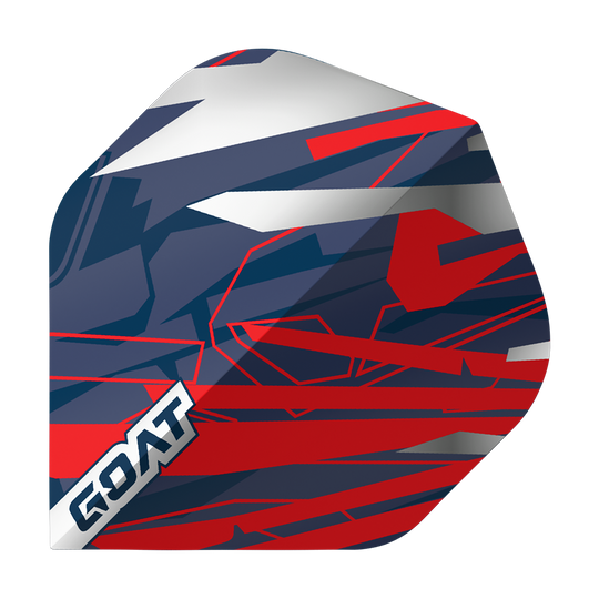 Das Bild zeigt das Produkt "GOAT Homerun No2 Standard Flights". Es hat ein auffälliges Design in den Farben Blau, Rot, Weiß und Silber mit geometrischen Mustern und dem Schriftzug "GOAT" in einer Ecke.